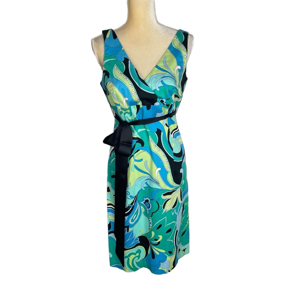 Karen Kane Geometric Design Green Blue Sleeveless Dress Size 8